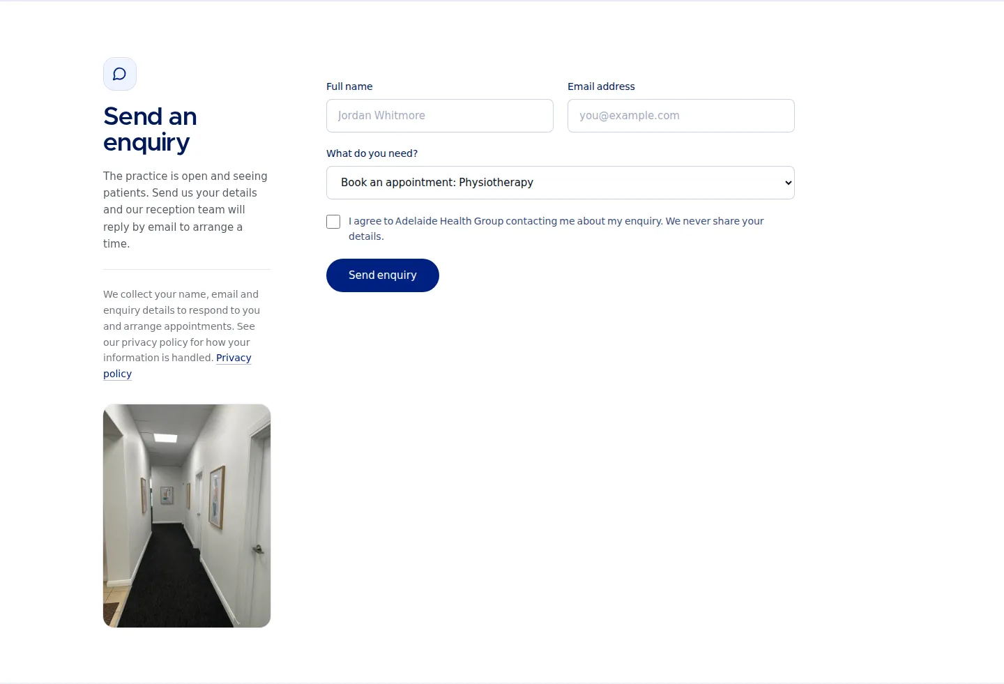 Adelaide Health Group enquiry form with name, email, service and consent fields