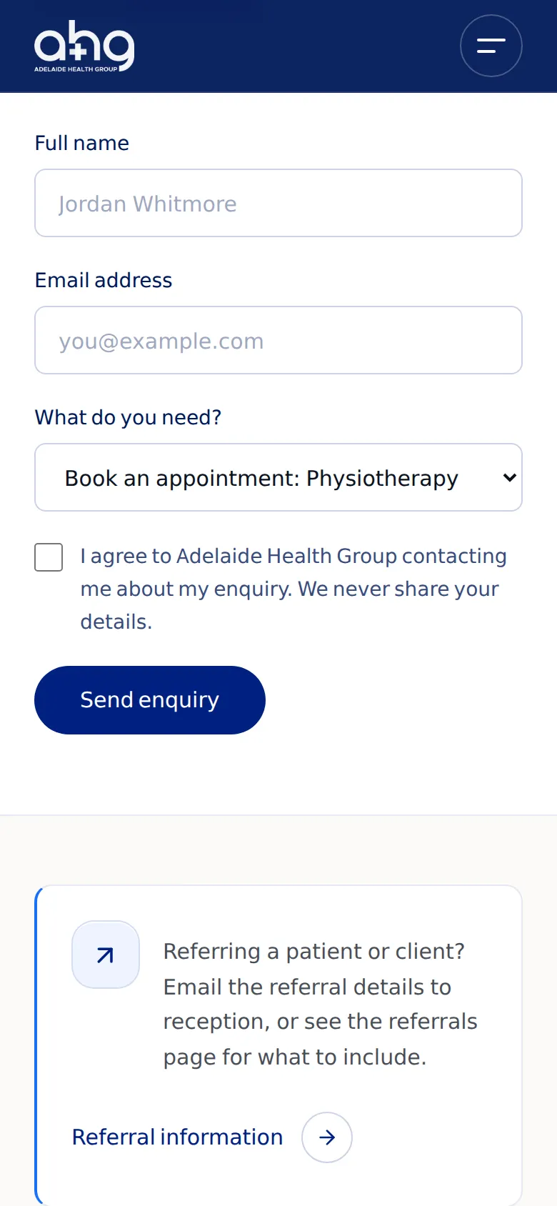Adelaide Health Group enquiry form on a phone
