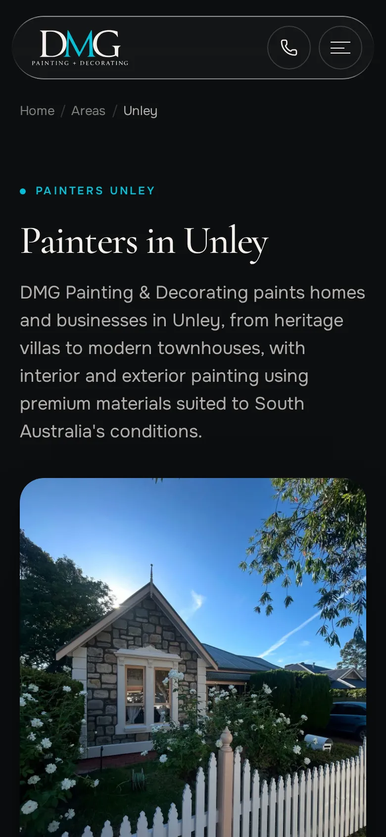 DMG Painting Unley suburb page on a phone
