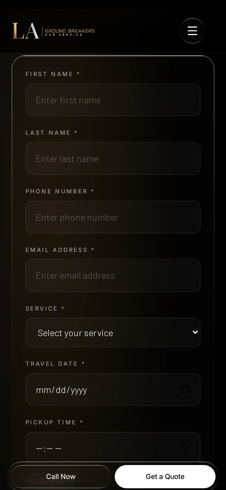 LA Groundbreakers quote form on a phone with the Call Now and Get a Quote bar