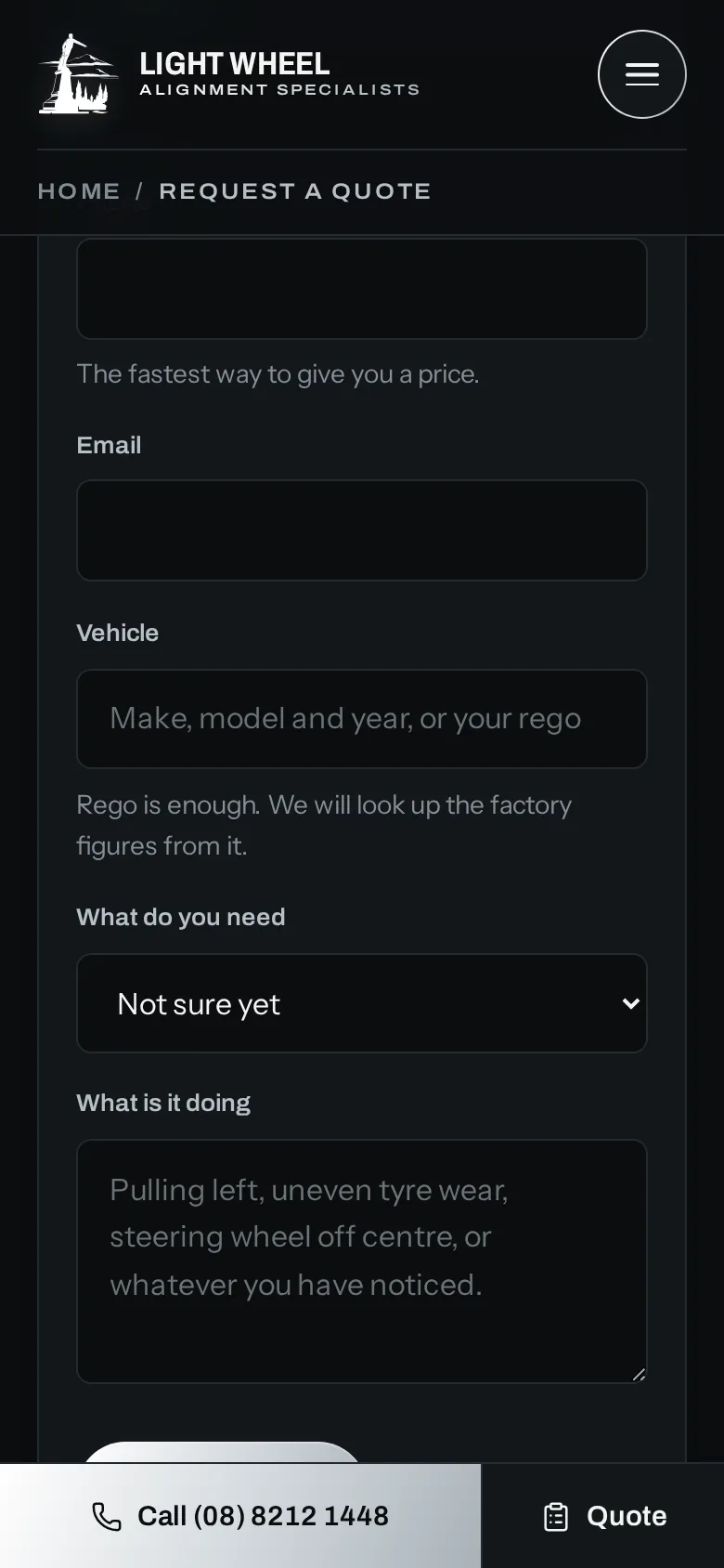 Light Wheel Alignment quote form on a phone