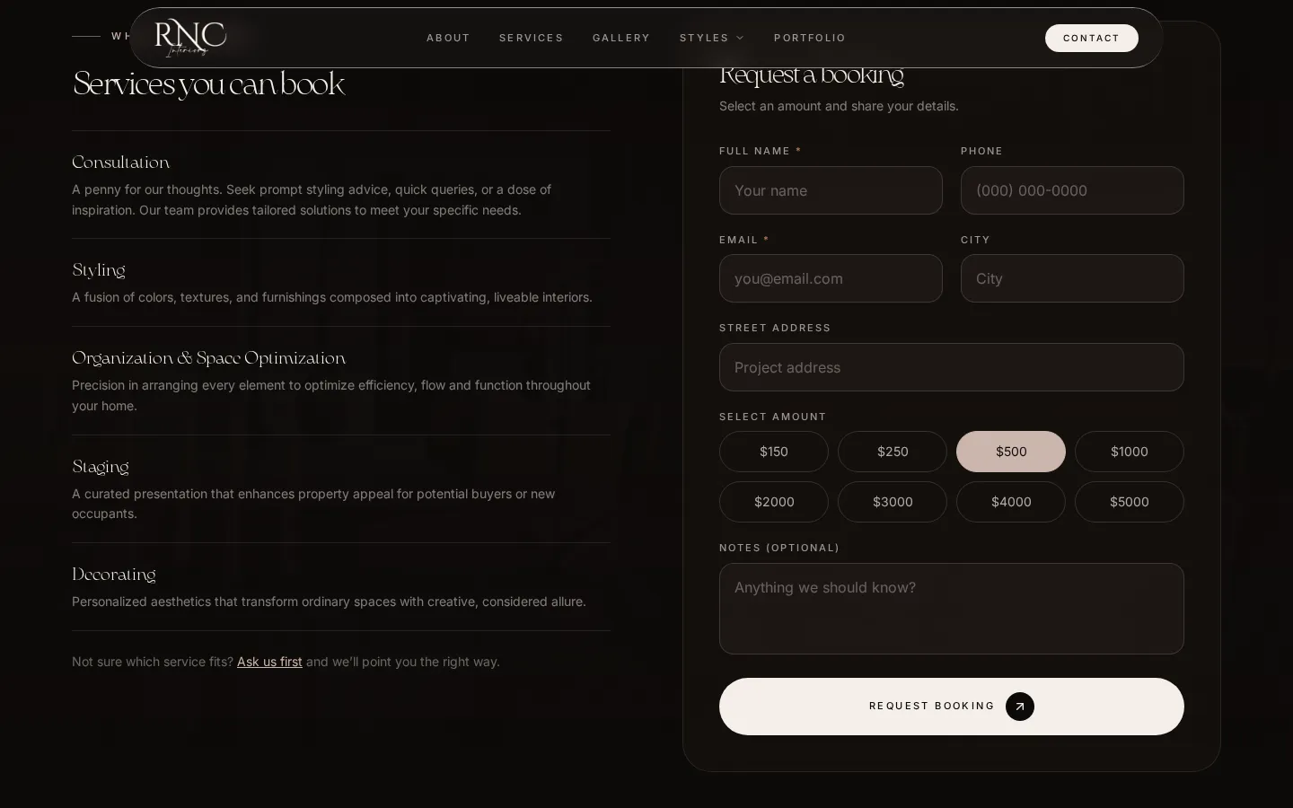 RNC Interiors booking form with amount buttons