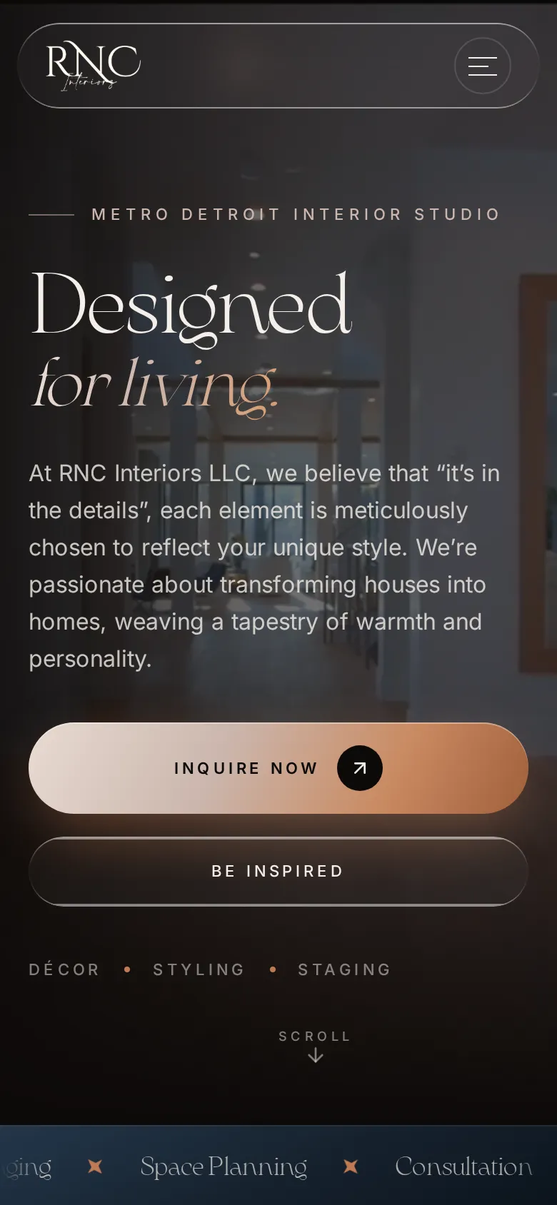 RNC Interiors home page on a phone