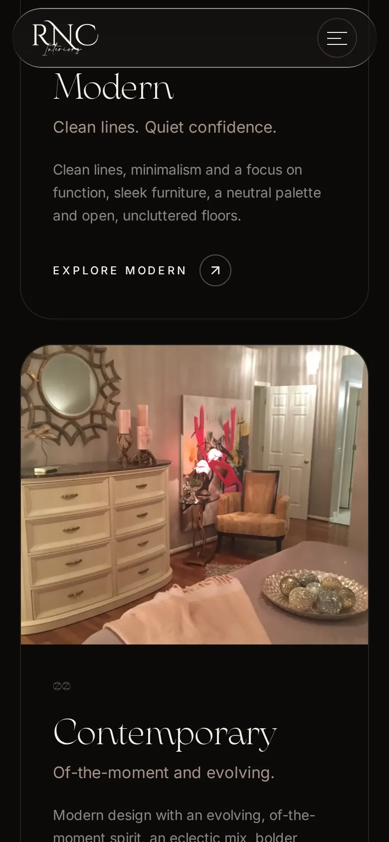 RNC Interiors modern style page on a phone